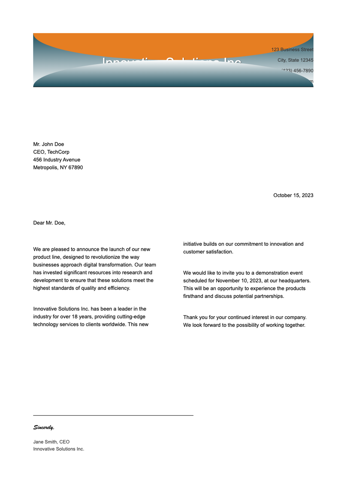 Professional business letterhead template with blue and orange accents_variant_3